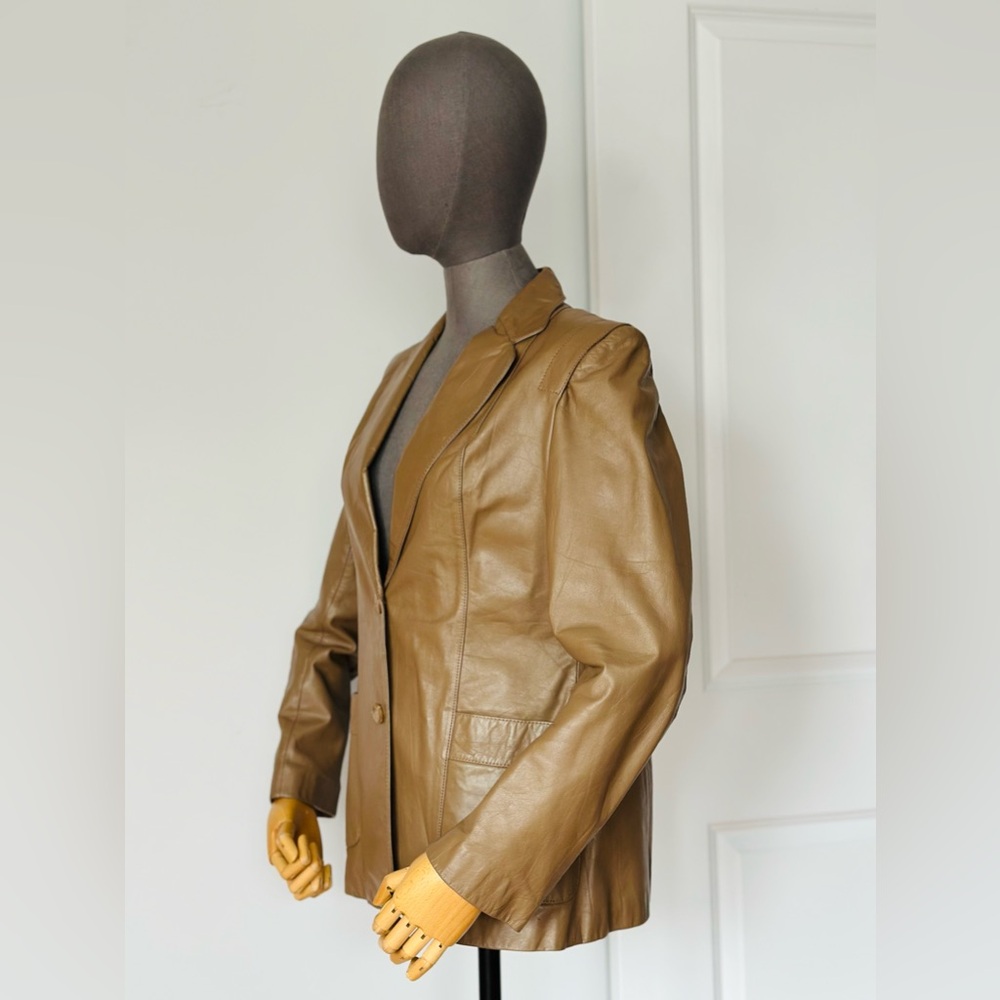 Tan Genuine Leather Blazer Classic Tailored Straight Fit Jacket